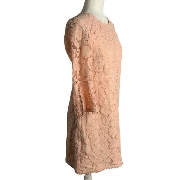 Vince Camuto Floral Lace Mini Dress 4 Pink Bell Sleeves Sheath Round Neck Zipper - Picture 2 of 6